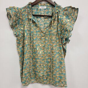 Avara Womens Ruffle Cap Sleeve Metallic Top Size S Blue Floral Artsy Lightweight